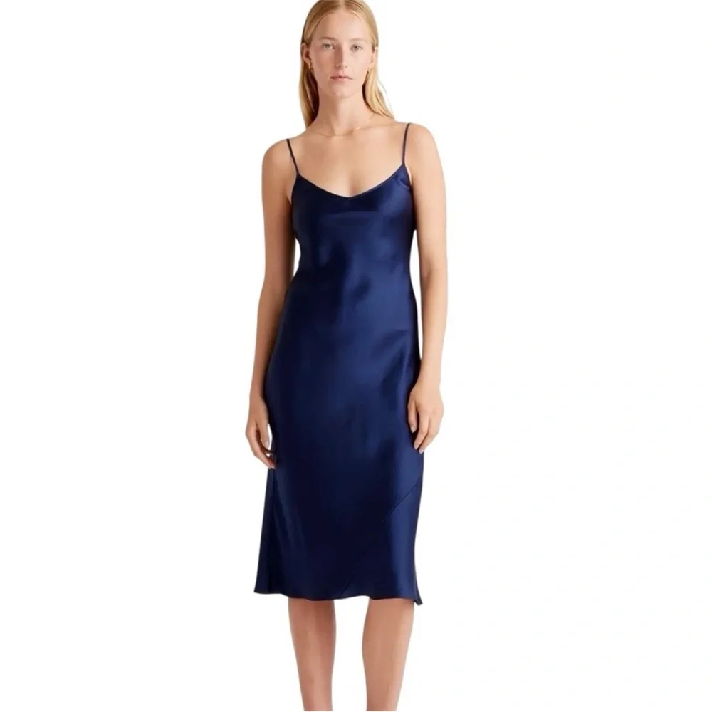 Quince Navy Satin Slip Dress with Spaghetti Straps - Picture 1 of 4